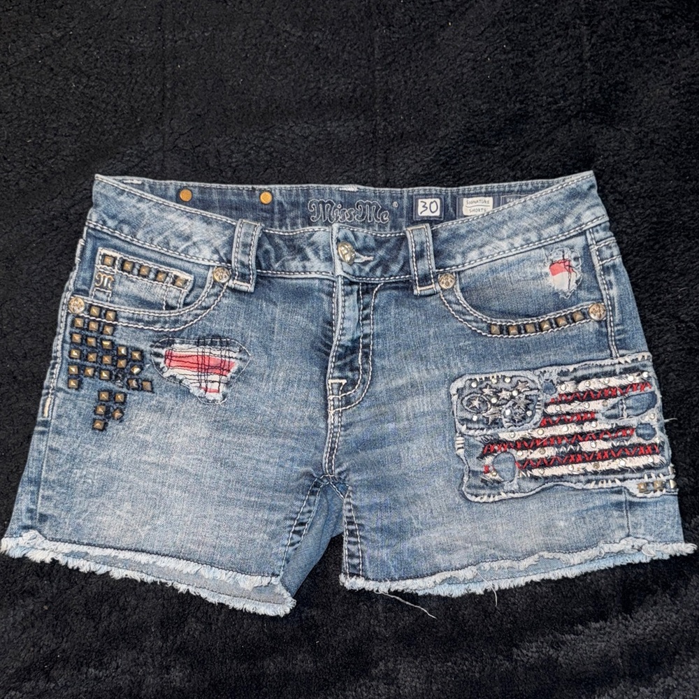 Miss Me Distressed Signature Shorts with Embellished Patches